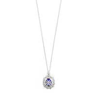 18K White Gold Oval Sapphire and Diamond Halo Necklace