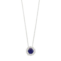 18K White Gold Round Sapphire and Diamond Halo Necklace