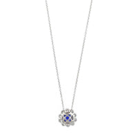 18K White Gold Round Sapphire and Diamond Halo Necklace