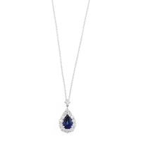 18K White Gold Pear Shaped Sapphire and Diamond Halo Necklace