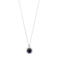 18K White Gold Cushion Cut Sapphire and Diamond Halo Necklace