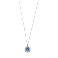 18K White Gold Cushion Cut Sapphire and Diamond Halo Necklace