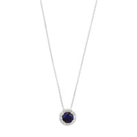 18K White Gold Round Sapphire and Diamond Halo Necklace