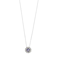 18K White Gold Round Sapphire and Diamond Halo Necklace