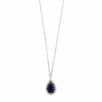 18K White Gold Pear Shaped Sapphire and Diamond Halo Necklace