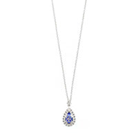 18K White Gold Pear Shaped Sapphire and Diamond Halo Necklace
