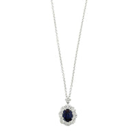 Platinum and 18K White Gold Oval Shaped Sapphire and Diamond Halo Necklace