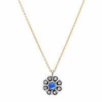18K Yellow Gold and Platinum Round Shaped Sapphire and Diamond Halo Necklace