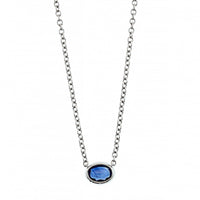 18K White Gold Oval  Blue Sapphire and Diamond Pendant Necklace