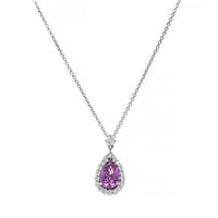 Platinum Pear Shaped Pink Sapphire and Diamond Halo Necklace