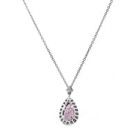 Platinum Pear Shaped Pink Sapphire and Diamond Halo Necklace