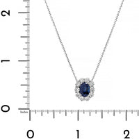 18K White Gold Oval Shaped Blue Sapphire and Diamond Halo Necklace
