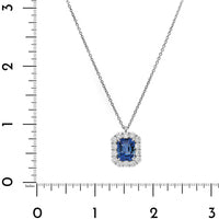 Platinum Emerald Cut Blue Sapphire and Diamond Halo Pendant Necklace