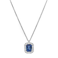 Platinum Emerald Cut Blue Sapphire and Diamond Halo Pendant Necklace