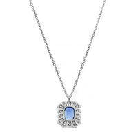 Platinum Emerald Cut Blue Sapphire and Diamond Halo Pendant Necklace