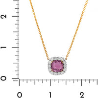 18K Yellow Gold and Platinum Cushion Cut Pink Sapphire and Diamond Halo Pendant Necklace