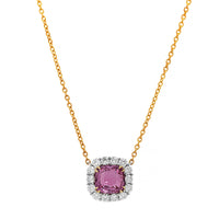 18K Yellow Gold and Platinum Cushion Cut Pink Sapphire and Diamond Halo Pendant Necklace