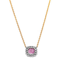 18K Yellow Gold and Platinum Cushion Cut Pink Sapphire and Diamond Halo Pendant Necklace