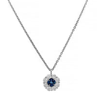 Platinum Round Blue Sapphire and Diamond Halo Necklace