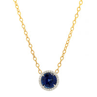 Platinum and 18K Yellow Gold Round Blue Sapphire and Diamond Halo Necklace