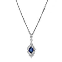 18K White Gold Oval Blue Sapphire and Diamond Halo Vintage Style Necklace