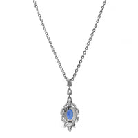 18K White Gold Oval Blue Sapphire and Diamond Halo Vintage Style Necklace