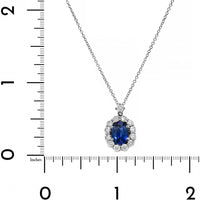 18K White Gold Oval Blue Sapphire and Diamond Halo Pendant Necklace