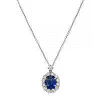 18K White Gold Oval Blue Sapphire and Diamond Halo Pendant Necklace