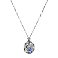 18K White Gold Oval Blue Sapphire and Diamond Halo Pendant Necklace