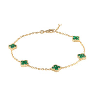 14K Yellow Gold 5 Station Emerald Quatrefoil Motif Bracelet