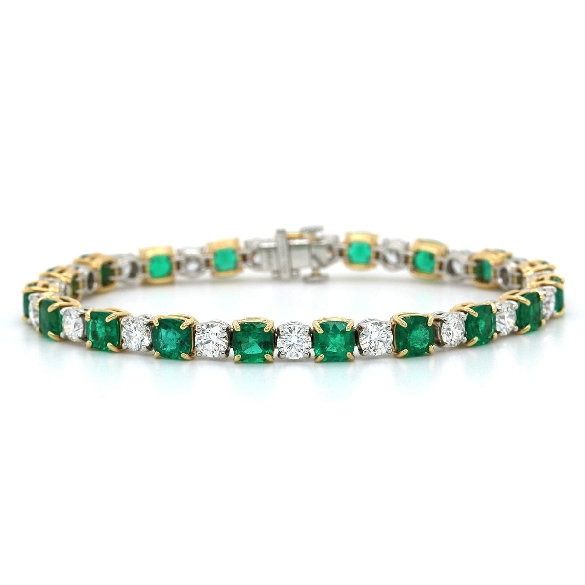 18K Yellow Gold Cushion Emerald and Diamond Tennis Bracelet