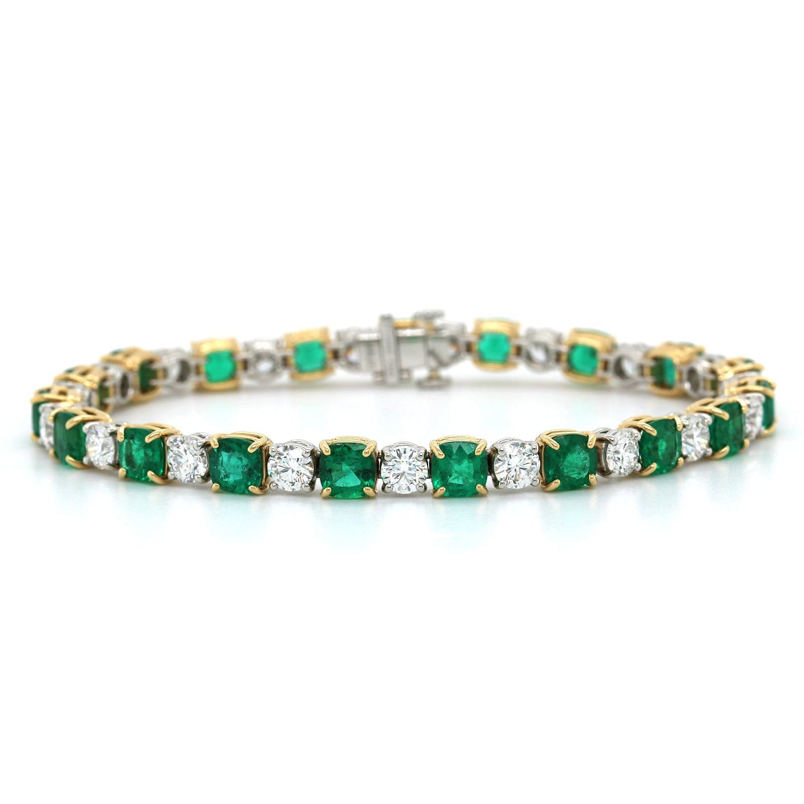 18K Yellow Gold Cushion Emerald and Diamond Tennis Bracelet