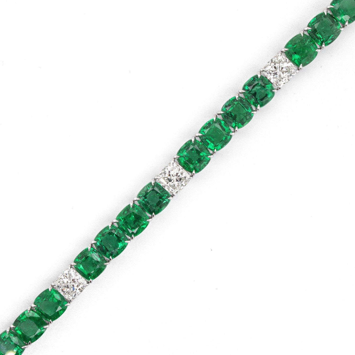 18K White Gold Cushion Emerald and Diamond Tennis Bracelet