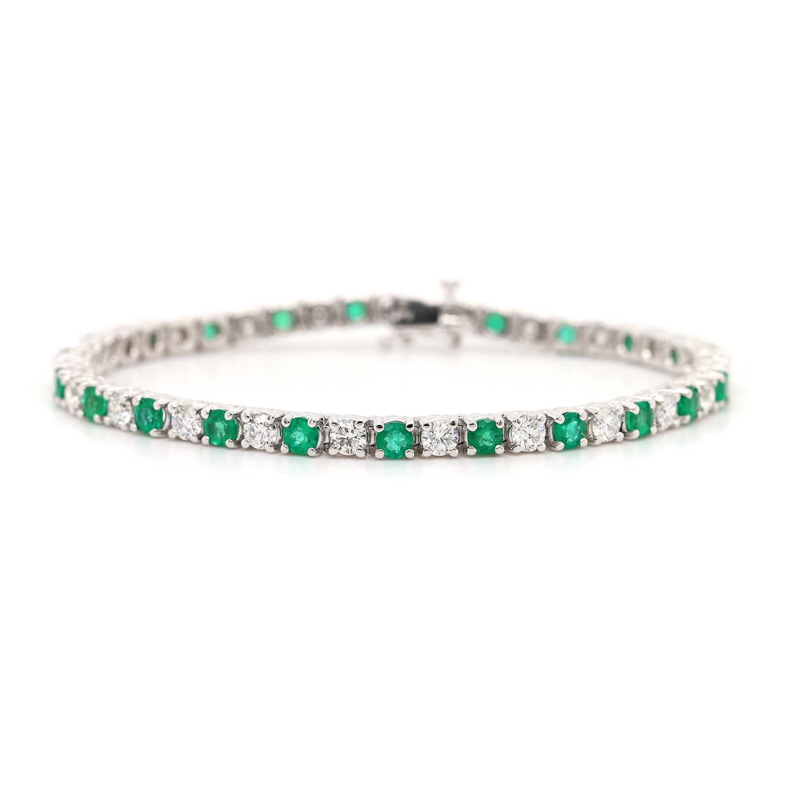 Platinum Alternating Round Emerald and Diamond Tennis Bracelet