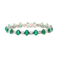 Platinum Alternating Oval Emerald and Baguette Shaped Diamond Tennis Bracelet