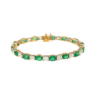 Platinum and 18K Yellow Gold Alternating Oval Emerald and Emerald Cut Diamond Tennis Bracelet