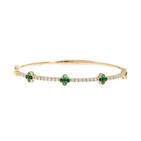 14K Yellow Gold 5 Station Emerald and Diamond Quatrefoil Motif Bangle Bracelet