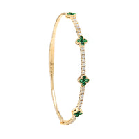 14K Yellow Gold 5 Station Emerald and Diamond Quatrefoil Motif Bangle Bracelet