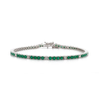 14K White Gold Alternating Station Round Emerald and Diamond Bracelet