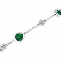 18K White Gold Pear Shaped Emerald and Round Diamond Cluster Bracelet
