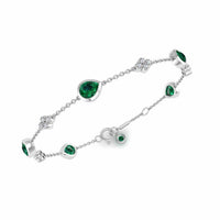 18K White Gold Pear Shaped Emerald and Round Diamond Cluster Bracelet