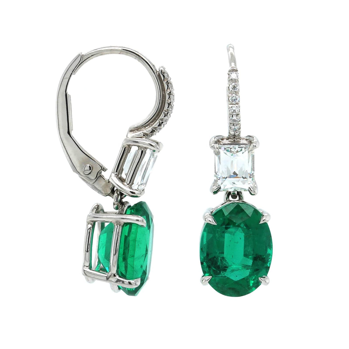 Platinum Oval Emerald and Diamond Drop Earrings