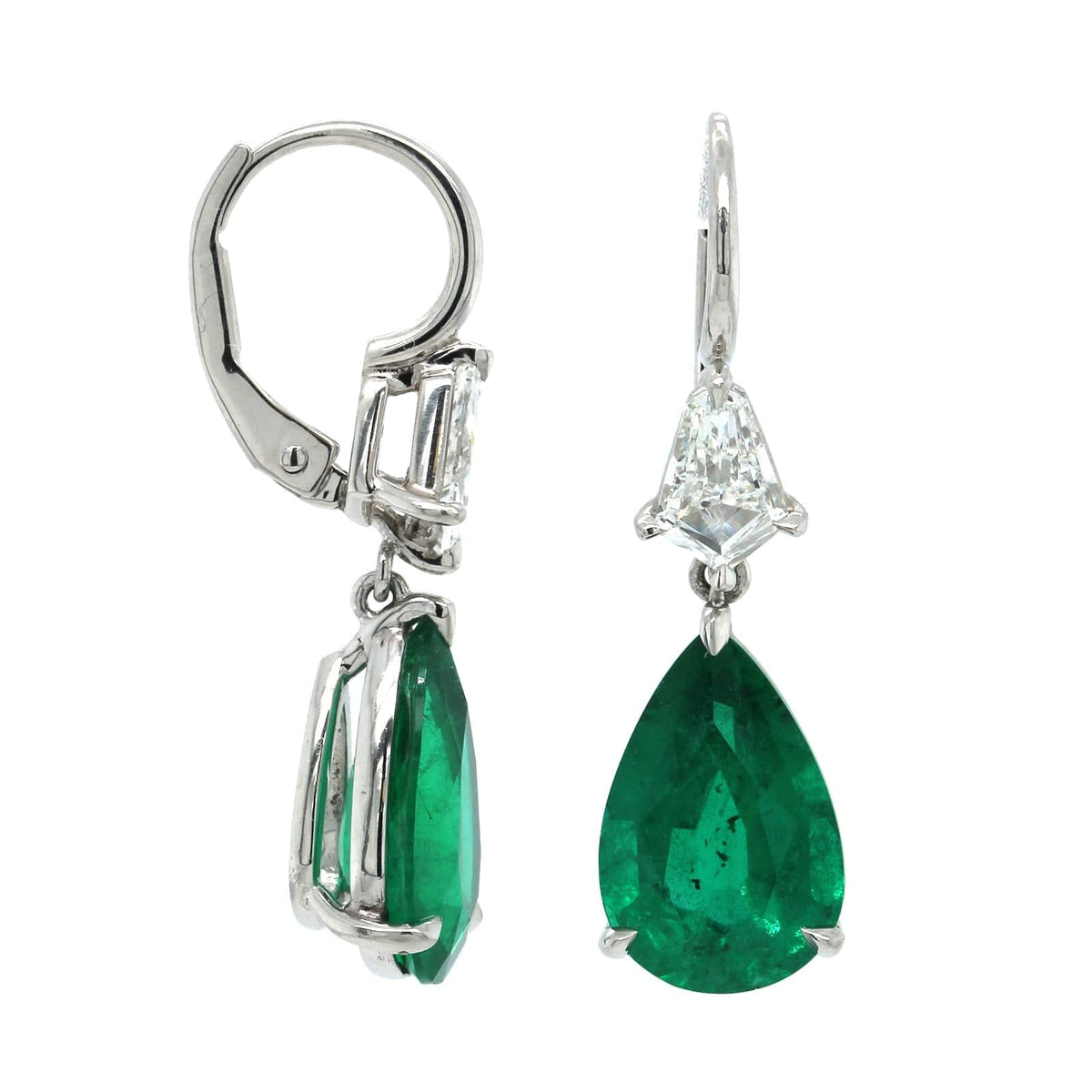 Platinum Pear Shape Emerald and Diamond Drop Earrings