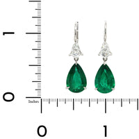 Platinum Pear Shape Emerald and Diamond Drop Earrings