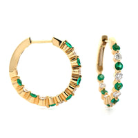14K Yellow Gold Emerald and Diamond Hoop Earrings