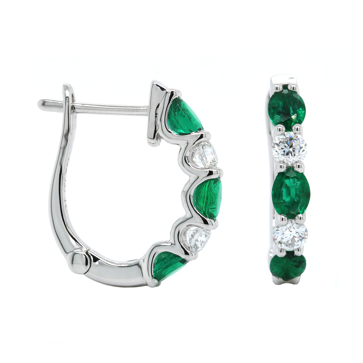 14K White Gold Emerald and Diamond Huggie Earrings