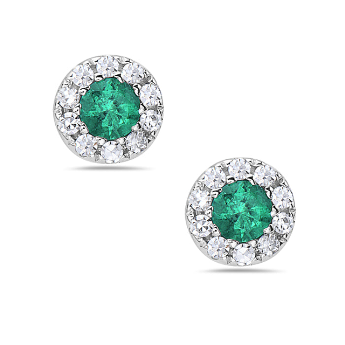 14K White Gold Diamond and Round Emerald Halo Stud Earrings