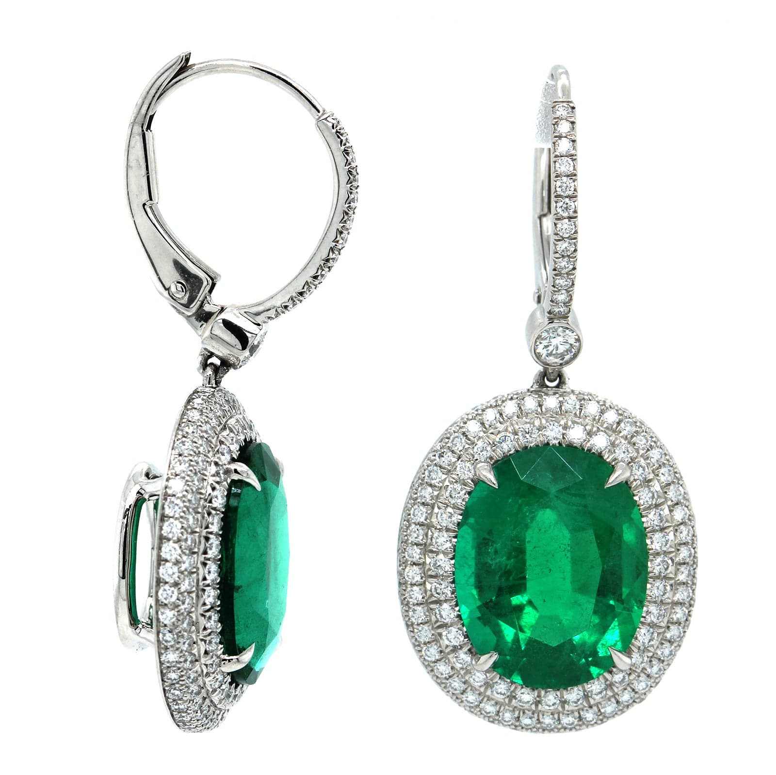 18K White Gold & Platinum Emerald and Diamond Halo Earrings