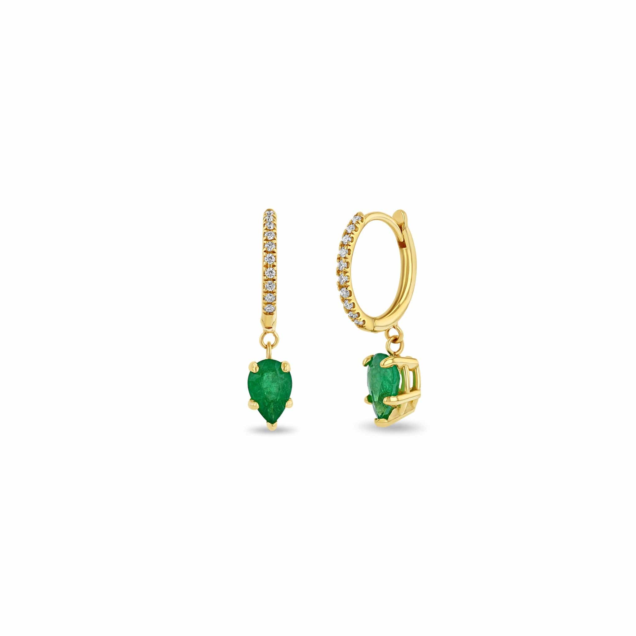 14K Yellow Gold Diamond and Emerald Hinged Huggie Hoops