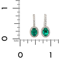 18K White Gold Oval Emerald and Diamond Halo Earrings